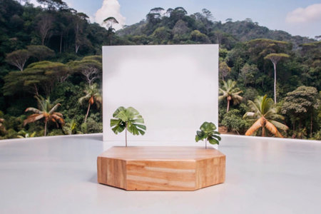 Wooden product display stand on the terrace with nature background.の素材