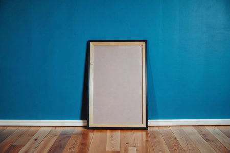 Vertical poster with wooden frame placed on wooden floor for artwork or photo display in minimal interiorの素材
