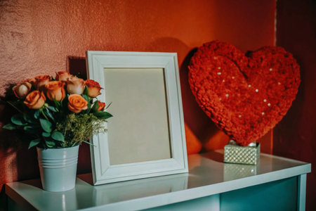 Photo frame on the table in the room with red hearts and flowersの素材