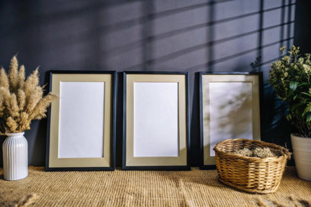 Frame mockups in set of three with elegant decor on dark wall for artwork or photo presentationの素材