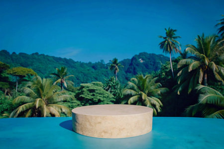Natural stone platform pedestal surrounded by tropical forest for product presentation with organic designの素材