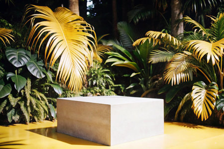 Natural concrete podium surrounded by vibrant tropical foliage for product presentation in organic environmentの素材