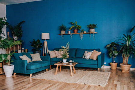 Minimal living room featuring green house plants and modern furniture for contemporary home designの素材