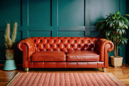 Minimal living room interior with leather sofa and blank wall for artwork or photo frame mockupの素材