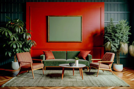 Interior of modern living room with red sofa, green armchairs and plantsの素材