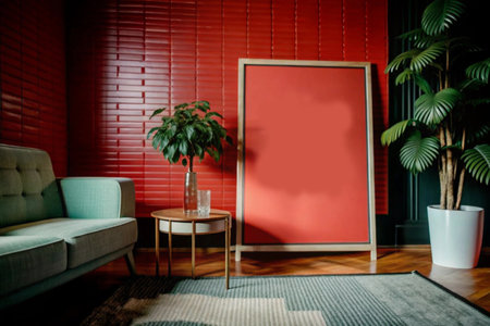 Vertical poster mockup with wooden frame placed on modern wall for artwork or photo displayの素材