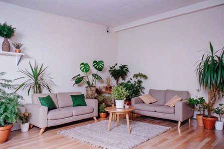 Natural living room interior with green plants and wooden furniture for warm home decorの素材