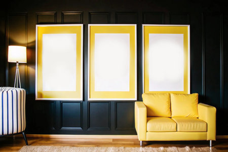 Vertical poster mockup with empty frames on dark wall for artwork or photo displayの素材