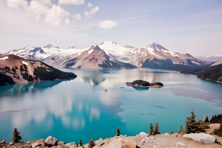 A stunning blue glacial lake in British Columbia surrounded by rugged peaksの素材