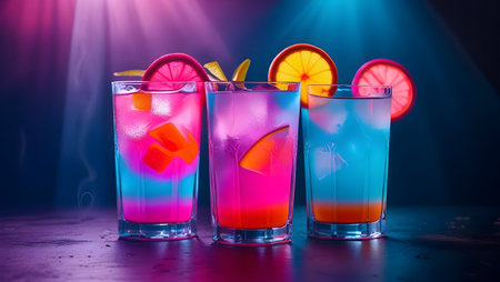 Cocktails in glasses on a dark background. Colorful drinks.の素材