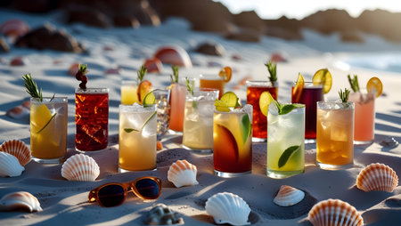 Alcoholic cocktails on the beach. Cocktails on the sand.の素材