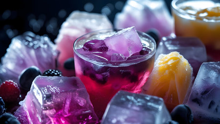 Frozen fruit jelly with ice cubes and berries on dark background.の素材
