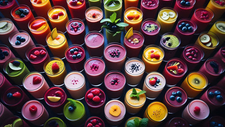Colorful smoothies in glass cups with fruits and berries on top.の素材