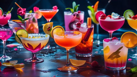 Variety of cocktails on bar counter in night club, close upの素材