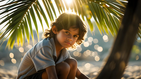 Portrait of a cute little boy sitting on the beach at sunsetの素材