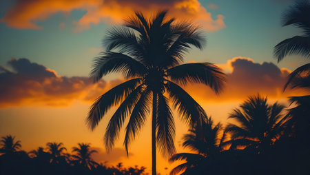 Silhouette of palm tree with sunset sky background - Vintage filterの素材