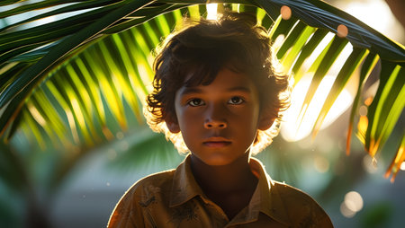 Portrait of a young boy in the shade of a palm treeの素材
