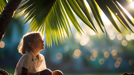 Cute little boy sitting on palm tree and looking at the sunの素材