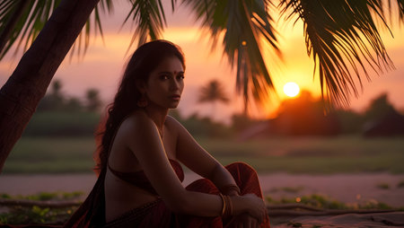 Beautiful young asian woman sitting under the palm tree at sunsetの素材