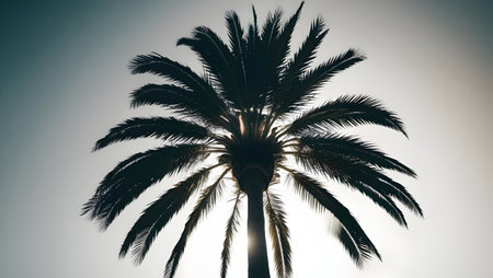 Silhouette of palm tree on sky background. Vintage tone.の素材