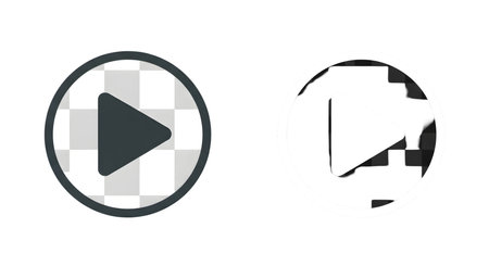 Two circular play button icons are displayed side-by-side. The left icon features a dark gray play symbol within a circle that has a transparent checkerboard pattern. The right icon shows a white play symbol within a circle with a white outline, and the interior has a black checkerboard pattern with some subtle light effects. Both are presented against a black background.の素材