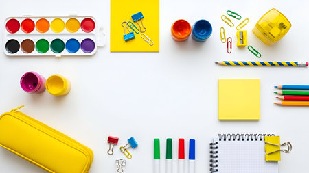 A collection of colorful school and art supplies are neatly arranged on a clean white surface. Items include a watercolor paint palette, jars of paint, a yellow pencil case, markers, sticky notes, paper clips, binder clips, a pencil sharpener, a striped pencil, colored pencils, and a spiral notebook. The arrangement is flat lay, viewed from directly above.の写真素材