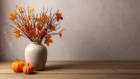 A still life composition featuring a speckled ceramic vase filled with bare branches adorned with...