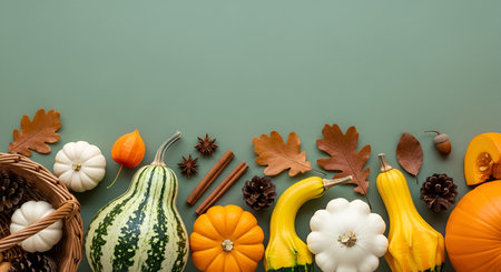A detailed arrangement of autumn harvest elements spread across a muted green surface. The collection features a variety of pumpkins, gourds, acorns, nuts within a wicker basket, dried leaves, cinnamon sticks, star anise, and pine cones. The composition is rich in natural textures and autumnal colors.の写真素材