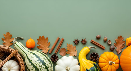 A horizontal arrangement of autumn harvest elements, including pumpkins, gourds, dried leaves,...