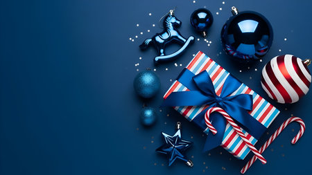 A collection of blue and red striped Christmas gift boxes, shiny blue baubles, candy canes, a blue rocking horse ornament, and star-shaped confetti are arranged on a deep blue background. The composition is a flat lay, viewed from above, with a focus on festive holiday elements.の写真素材
