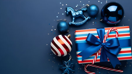 A vibrant Christmas scene featuring a gift box wrapped in red, white, and blue striped paper with a large blue bow. Accompanying the gift are blue Christmas ornaments, a blue rocking horse ornament, red and white striped candy canes, and a blue star ornament. The arrangement is scattered with gold and silver confetti on a dark blue background.の写真素材