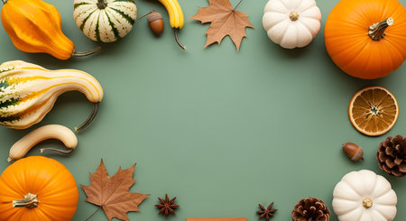 Top-down showing autumn harvest gourds and leaves on green background keywords: autumn, fall,...
