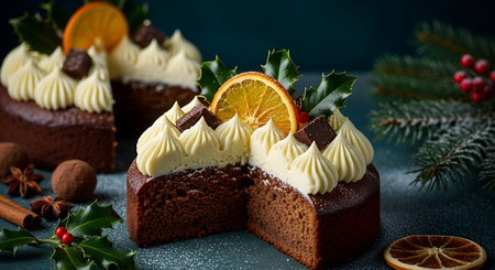 A rich chocolate Christmas cake is decorated with swirls of white cream frosting, slices of candied...