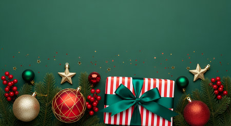 A festive Christmas flat lay featuring a red and white striped gift box tied with a green satin bow....