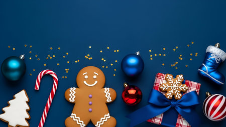 A festive flat lay arrangement of Christmas decorations on a deep blue background. Featured are a...