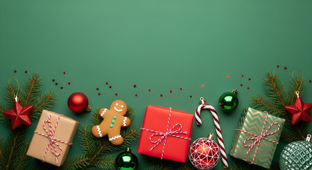 A top-down view of Christmas decorations spread across a dark green background. The arrangement includes wrapped gifts in various colors, a gingerbread man cookie, red star ornaments, green and red baubles, candy canes, and sprigs of pine. Scattered red confetti adds a festive touch.の写真素材