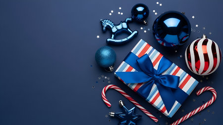 Close-up view of Christmas decorations including a striped gift box with a blue ribbon and bow, candy canes, blue baubles, a blue star ornament, and a blue rocking horse ornament, with silver confetti stars scattered on a dark blue surface.の写真素材