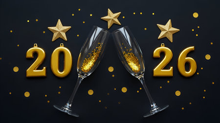 The numbers 2026 in shiny gold are arranged on a dark background, flanking two clinking champagne...