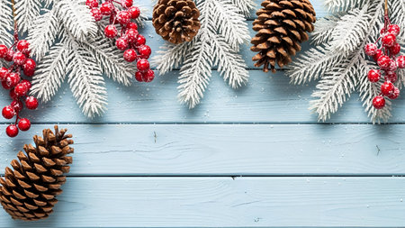 A festive border of frosted evergreen branches adorned with red berries and natural pinecones is...