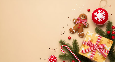 A top-down view of Christmas elements arranged on a light beige background. Features a gingerbread...