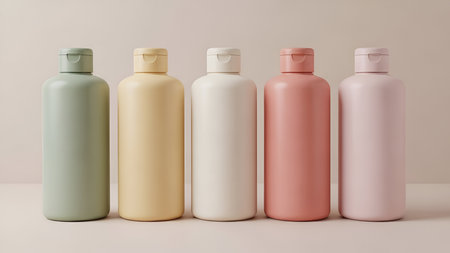 Five identical plastic bottles with flip-top caps are arranged in a horizontal line against a soft, neutral background. The bottles are in varying pastel shades: mint green, pale yellow, cream, dusty rose, and light pink. They appear to be cosmetic or personal care products.の写真素材