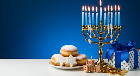 A Hanukkah celebration scene on a blue background. A lit gold menorah with blue candles is prominent. A plate of powdered sugar donuts and star-shaped cookies sits nearby. Gold chocolate coins and a gift box with a blue ribbon are also present, along with wooden dreidels.の素材