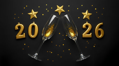 A celebratory image marking the New Year 2026. Two champagne flutes are clinking together, filled with golden sparkling liquid and confetti. Large, shiny gold numbers "20" and "26" flank the glasses. Gold stars and scattered confetti adorn the dark background, creating a glamorous and festive atmosphere.の素材
