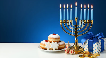 A Hanukkah scene featuring a lit brass menorah with blue candles, a plate of powdered sufganiyot donuts and star-shaped cookies, wooden dreidels, chocolate gelt coins, and a blue and white polka dot gift box on a white surface against a deep blue background.の素材