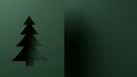 A stark black silhouette of a Christmas tree is positioned on the left side of a dark green background. The right side of the image fades into a darker shadow, creating a minimalist and abstract festive design.の素材