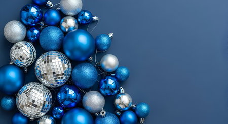 A detailed arrangement of blue and silver Christmas ornaments, featuring shiny baubles and mirrored disco ball ornaments, clustered on a dark blue background with ample negative space on the right side.の写真素材