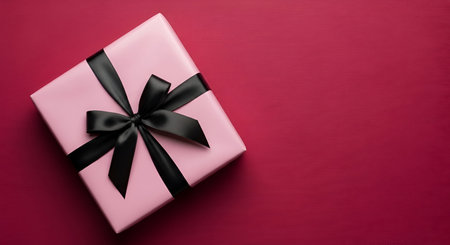 A single pink gift box tied with a black satin ribbon and bow is positioned on the left side of a solid red background. The box is angled, and the ribbon creates a striking contrast against the soft pink paper. The image is shot from directly above, with ample negative space on the right for text or design elements.の素材