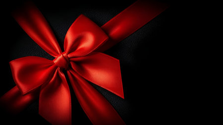 A close-up shot of a vibrant red satin ribbon tied into a decorative bow. The bow is positioned on the left side of the frame, with its loops and knot clearly visible. The ribbon has a smooth, lustrous texture that reflects light, creating subtle highlights. The background is a dark, textured surface, possibly black leather or a similar material, which provides a stark contrast to the bright red bow. The composition is simple yet elegant, focusing on the beauty and texture of the ribbon.の素材