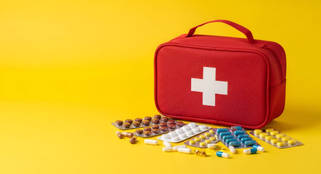 A bright red first aid kit with a white cross symbol sits on a vibrant yellow background. Scattered around the kit are various blister packs of pills and loose capsules, suggesting medical supplies and treatment options. The composition is clean and focused on the medical theme.の素材