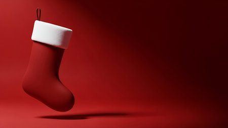 A single red Christmas stocking with a white cuff hangs against a solid red background. The stocking is positioned on the left side of the frame, casting a subtle shadow below it. The minimalist composition emphasizes the festive object, leaving ample negative space on the right for text or design elements.の素材